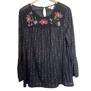 Style & Co Heavily Embroidered Floral Black Mesh Bell Sleeve 1x Boho Officewear